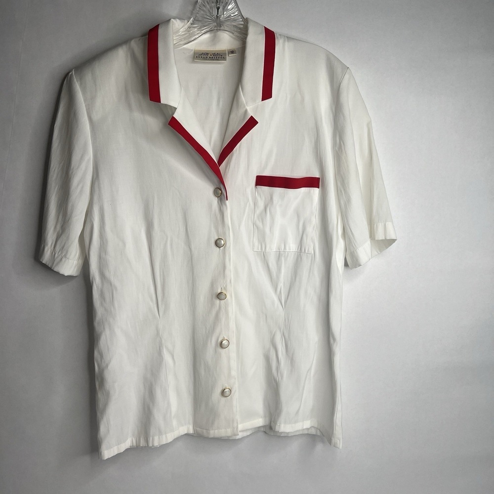 VTG Susan Bristol Short Sleeve White Blouse Red Trim Size 12 Shoulder Pads